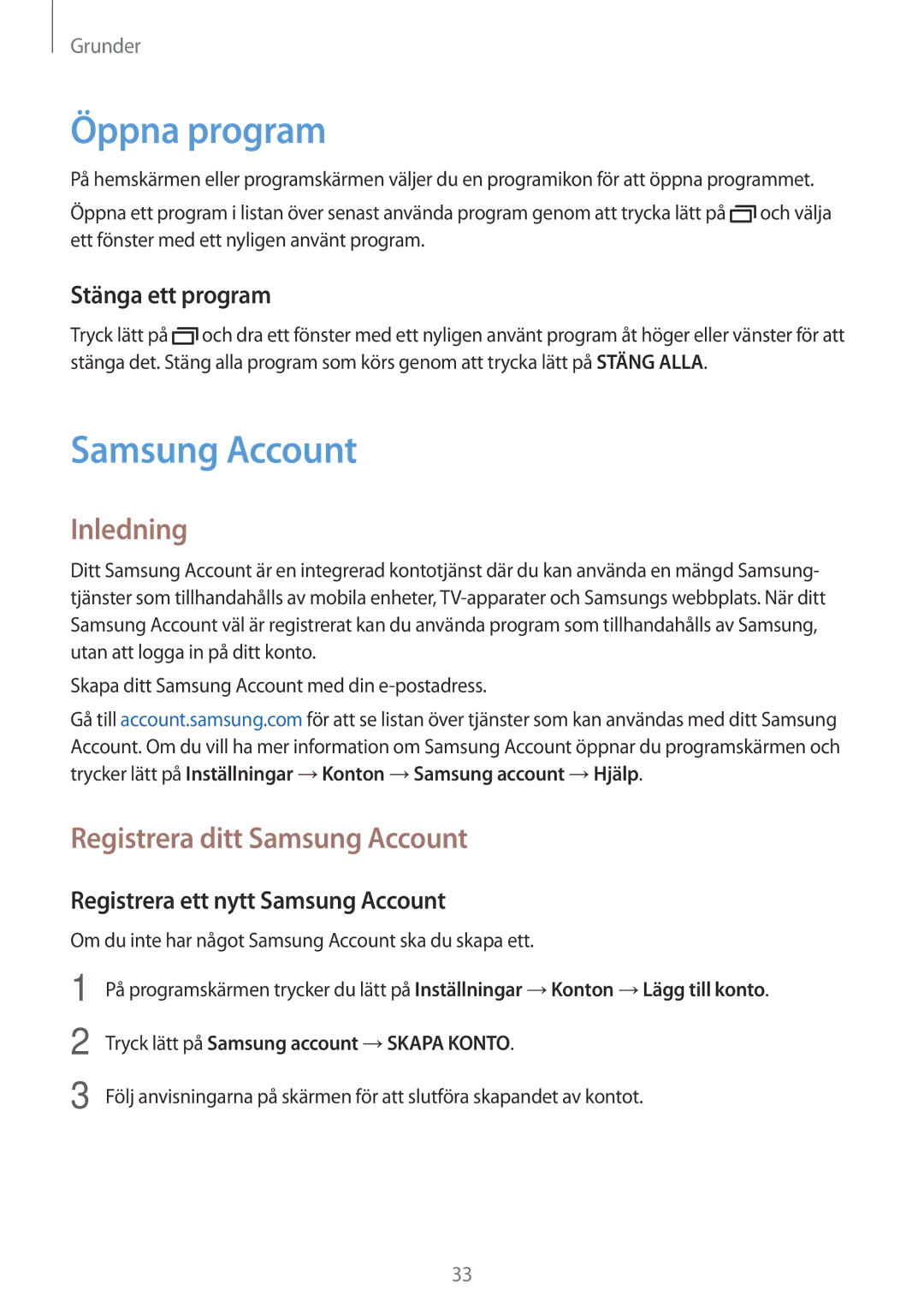 Samsung SM-J510FZKNNEE, SM-J510FZKUNEE, SM-J510FZWNNEE manual Öppna program, Inledning, Registrera ditt Samsung Account 