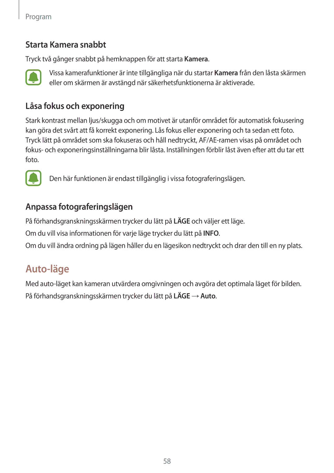 Samsung SM-J510FZWNNEE manual Auto-läge, Starta Kamera snabbt, Låsa fokus och exponering, Anpassa fotograferingslägen 
