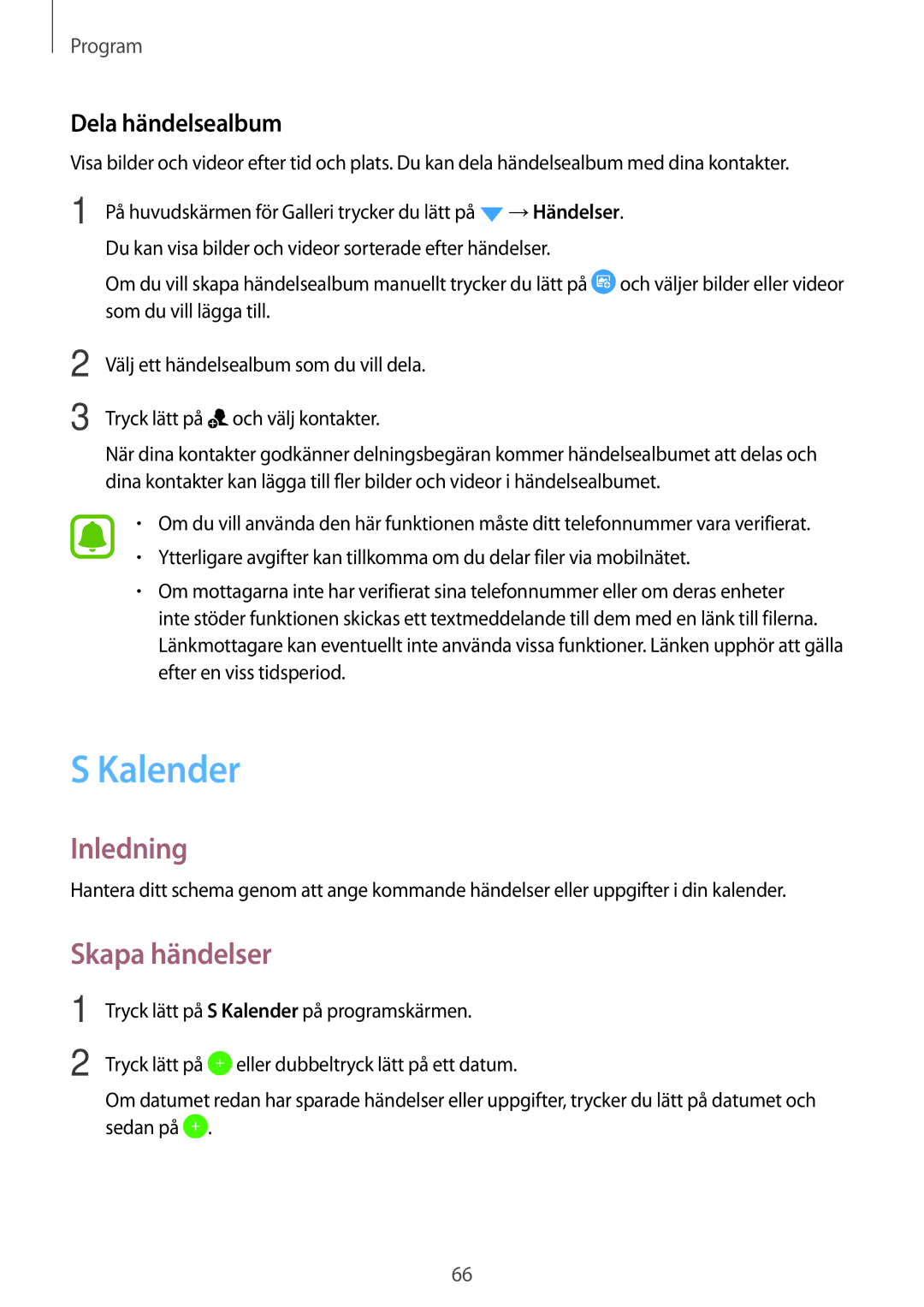 Samsung SM-J510FZWNNEE, SM-J510FZKUNEE, SM-J510FZKNNEE, SM-J510FZDNNEE manual Kalender, Skapa händelser, Dela händelsealbum 