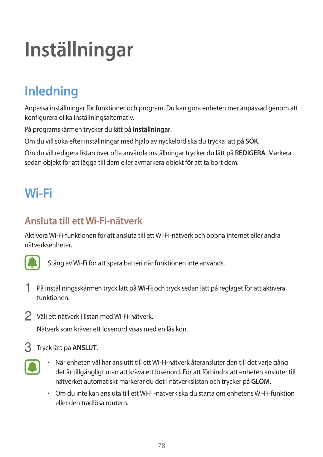 Samsung SM-J510FZWNNEE, SM-J510FZKUNEE, SM-J510FZKNNEE, SM-J510FZDNNEE manual Inledning, Ansluta till ett Wi-Fi-nätverk 