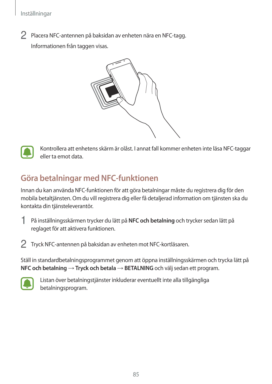 Samsung SM-J510FZKNNEE, SM-J510FZKUNEE, SM-J510FZWNNEE, SM-J510FZDNNEE manual Göra betalningar med NFC-funktionen 