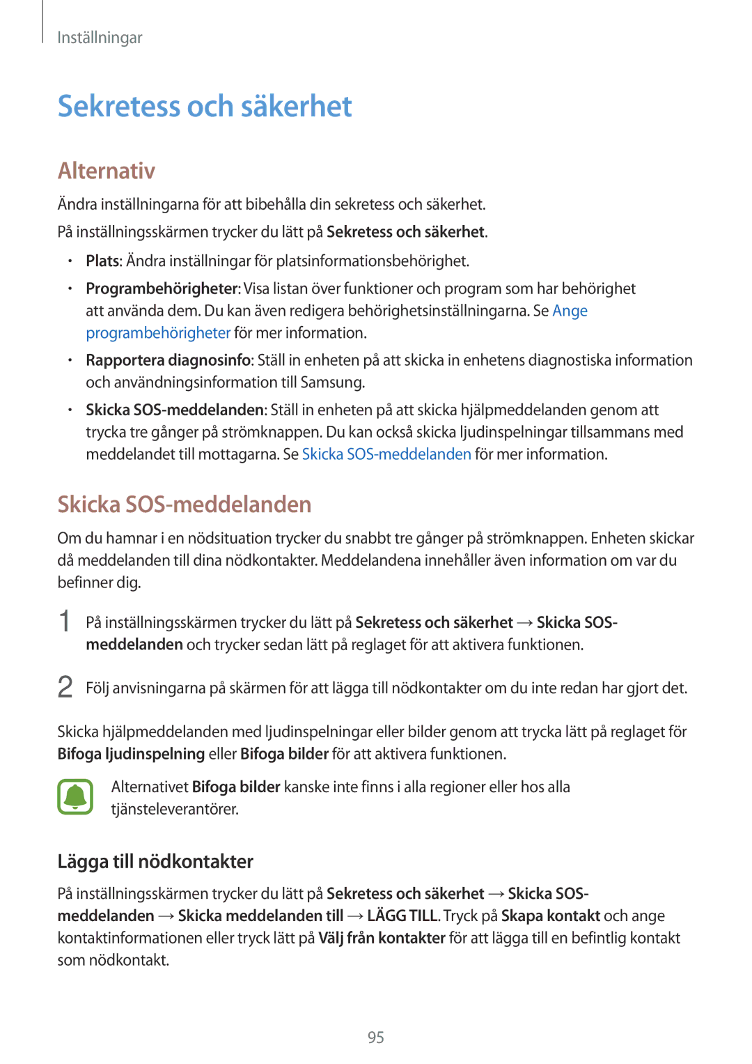 Samsung SM-J510FZDNNEE, SM-J510FZKUNEE manual Sekretess och säkerhet, Skicka SOS-meddelanden, Lägga till nödkontakter 