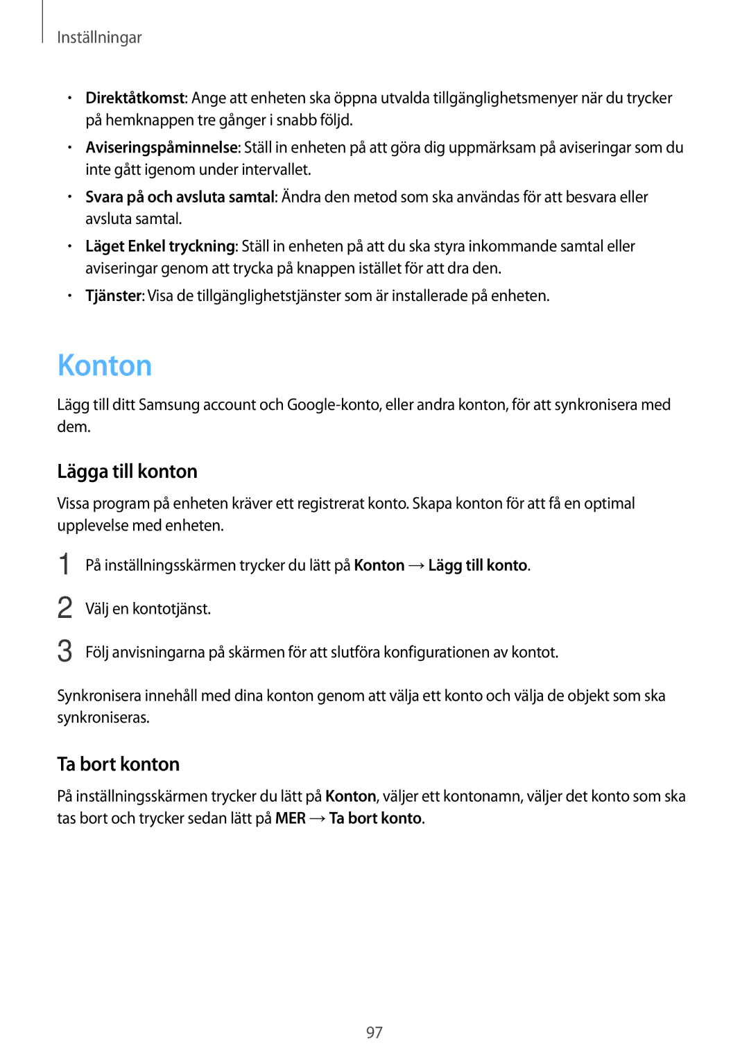 Samsung SM-J510FZKNNEE, SM-J510FZKUNEE, SM-J510FZWNNEE, SM-J510FZDNNEE manual Konton, Lägga till konton, Ta bort konton 
