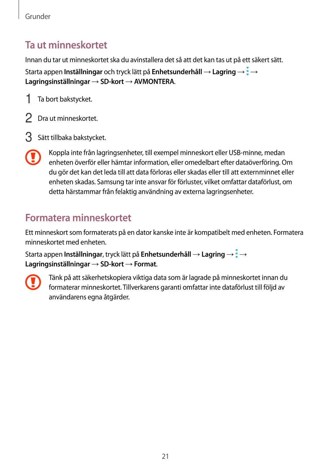 Samsung SM-J510FZKNNEE, SM-J510FZKUNEE, SM-J510FZWNNEE, SM-J510FZDNNEE manual Ta ut minneskortet, Formatera minneskortet 