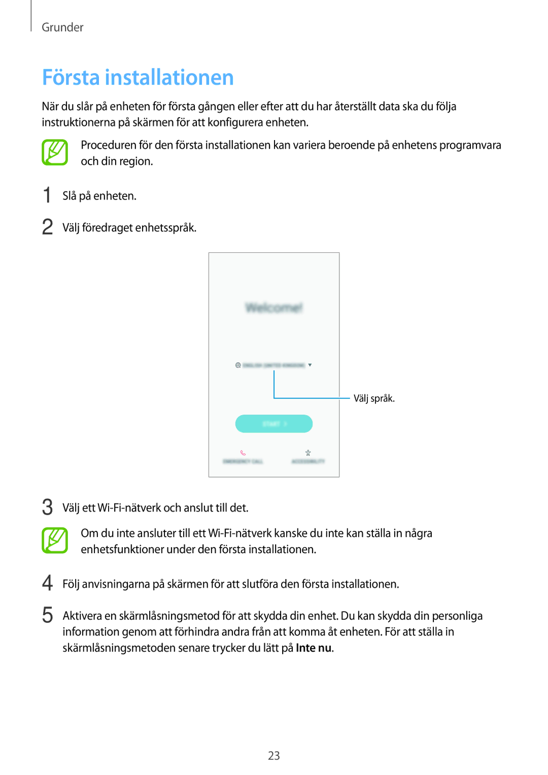 Samsung SM-J510FZDNNEE, SM-J510FZKUNEE, SM-J510FZKNNEE, SM-J510FZWNNEE manual Första installationen 