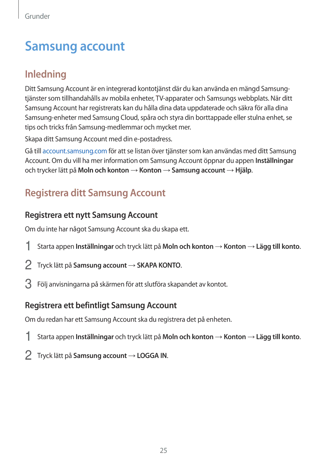 Samsung SM-J510FZKNNEE Samsung account, Inledning, Registrera ditt Samsung Account, Registrera ett nytt Samsung Account 