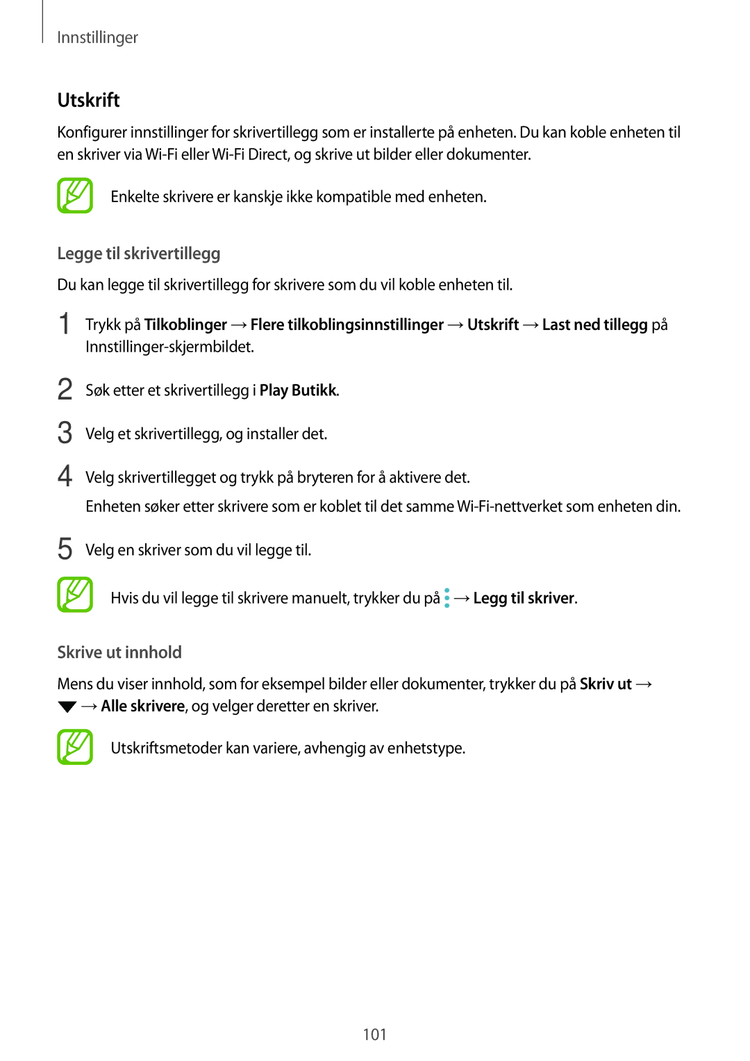 Samsung SM-J510FZKNNEE, SM-J510FZKUNEE, SM-J510FZWNNEE, SM-J510FZDNNEE manual Utskrift, Legge til skrivertillegg 