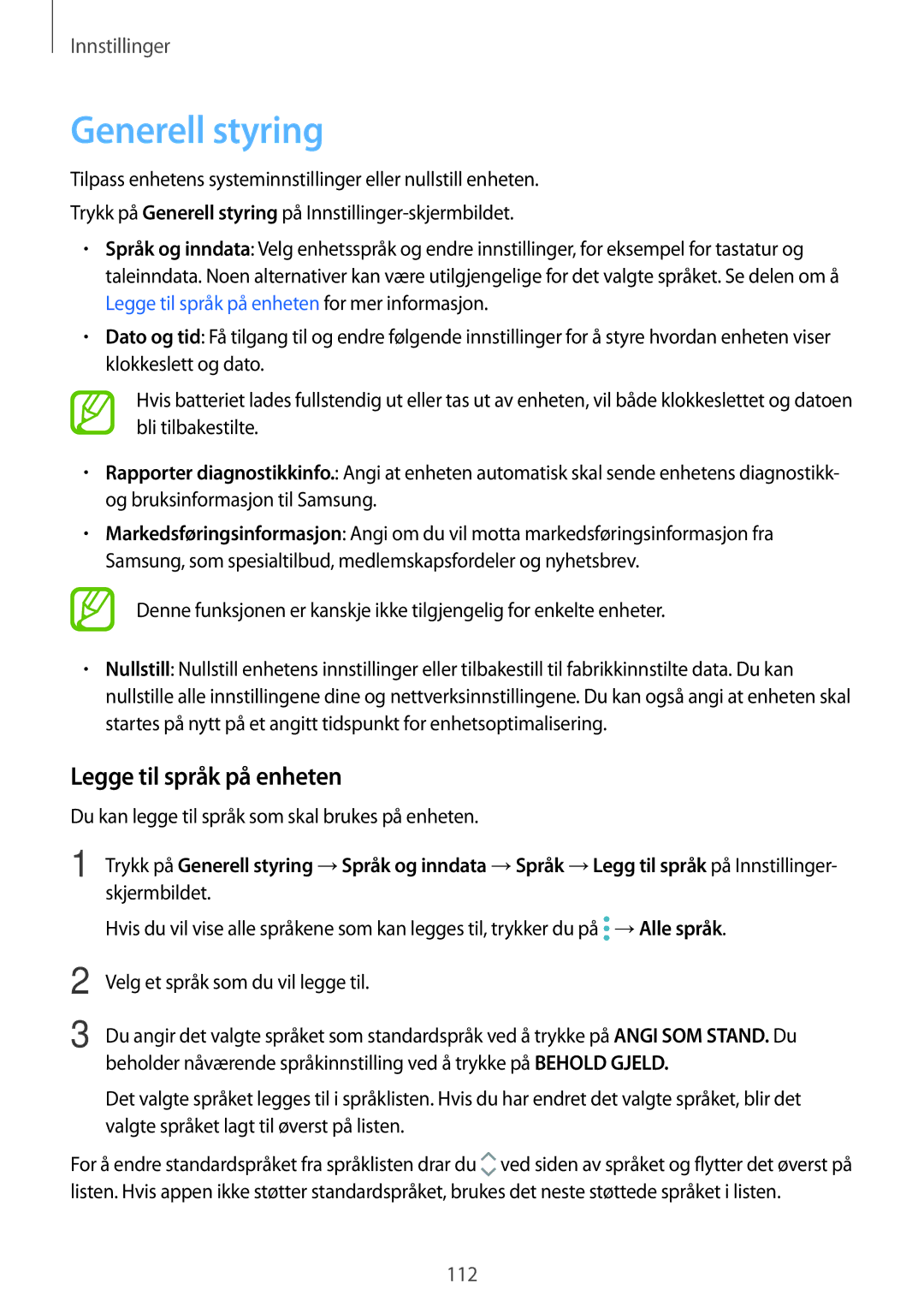 Samsung SM-J510FZKUNEE, SM-J510FZKNNEE, SM-J510FZWNNEE, SM-J510FZDNNEE manual Generell styring, Legge til språk på enheten 