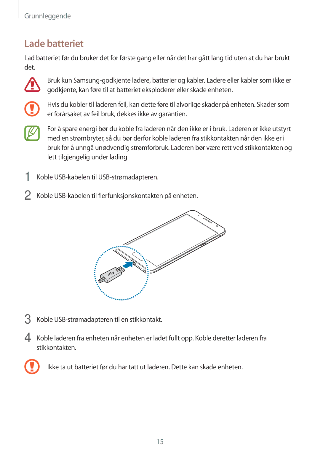 Samsung SM-J510FZDNNEE, SM-J510FZKUNEE, SM-J510FZKNNEE, SM-J510FZWNNEE manual Lade batteriet 