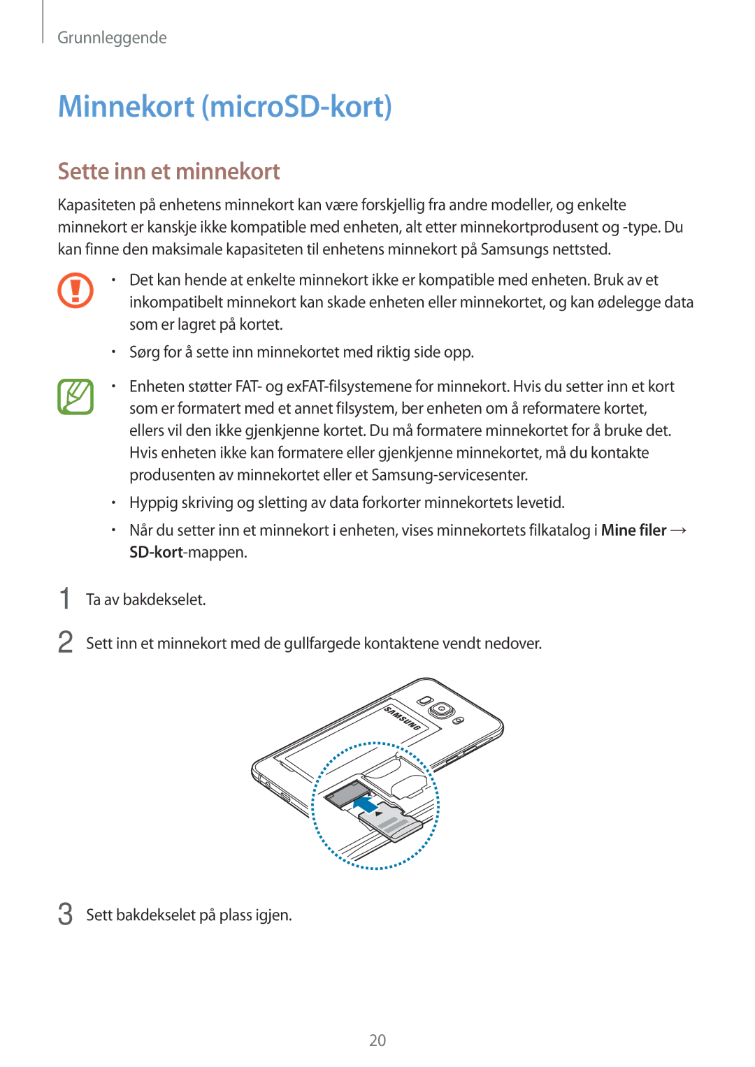 Samsung SM-J510FZKUNEE, SM-J510FZKNNEE, SM-J510FZWNNEE, SM-J510FZDNNEE manual Minnekort microSD-kort, Sette inn et minnekort 