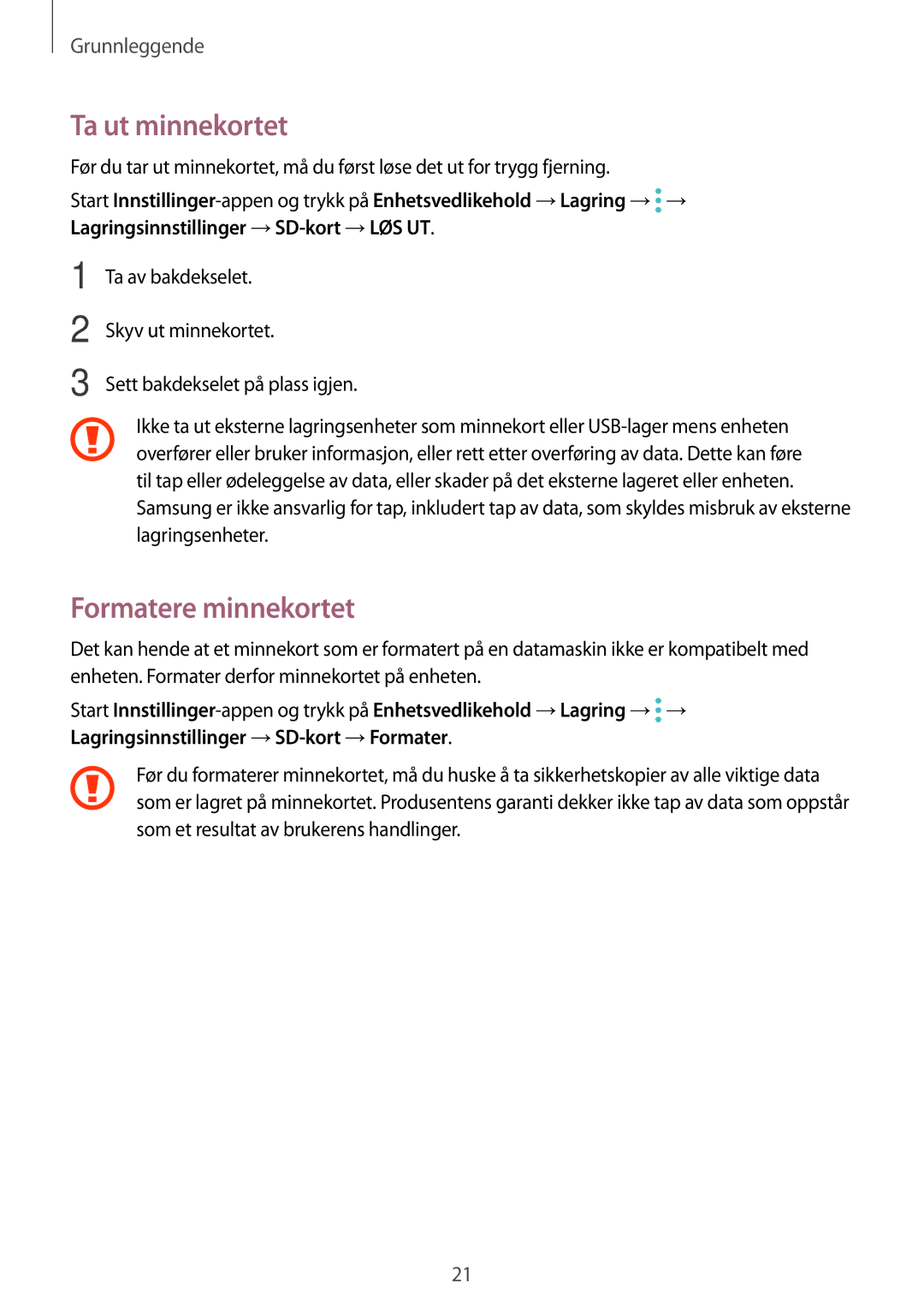 Samsung SM-J510FZKNNEE, SM-J510FZKUNEE, SM-J510FZWNNEE, SM-J510FZDNNEE manual Ta ut minnekortet, Formatere minnekortet 