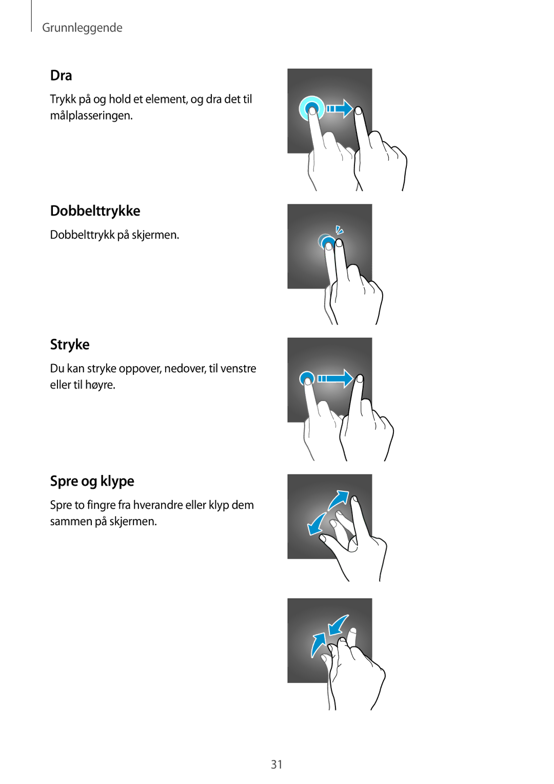 Samsung SM-J510FZDNNEE, SM-J510FZKUNEE, SM-J510FZKNNEE, SM-J510FZWNNEE manual Dra, Dobbelttrykke, Stryke, Spre og klype 