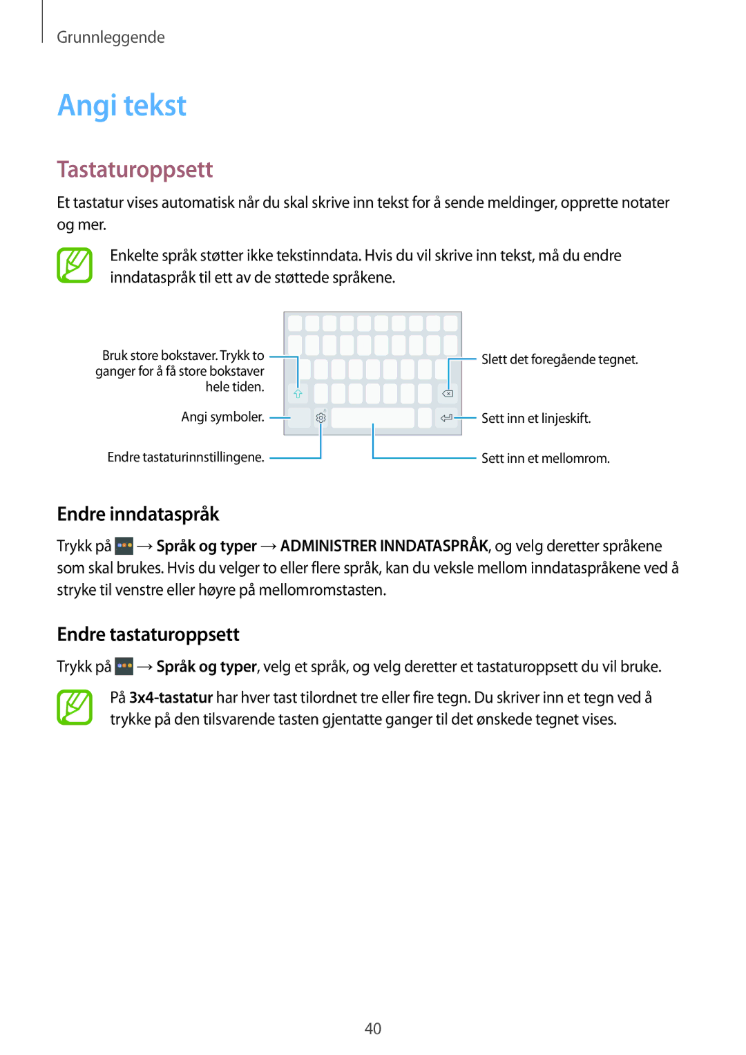 Samsung SM-J510FZKUNEE, SM-J510FZKNNEE manual Angi tekst, Tastaturoppsett, Endre inndataspråk, Endre tastaturoppsett 