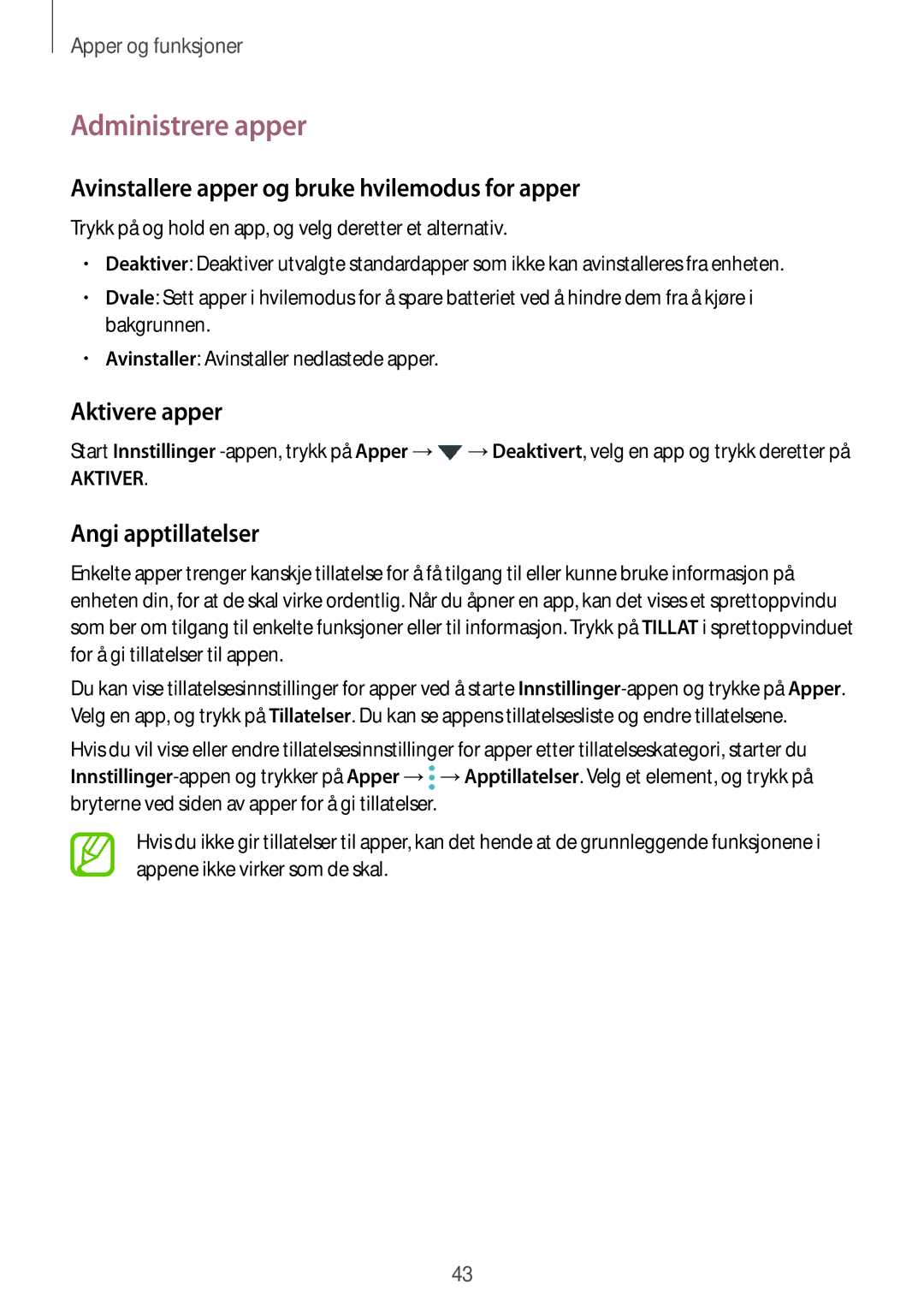 Samsung SM-J510FZDNNEE manual Administrere apper, Avinstallere apper og bruke hvilemodus for apper, Aktivere apper 