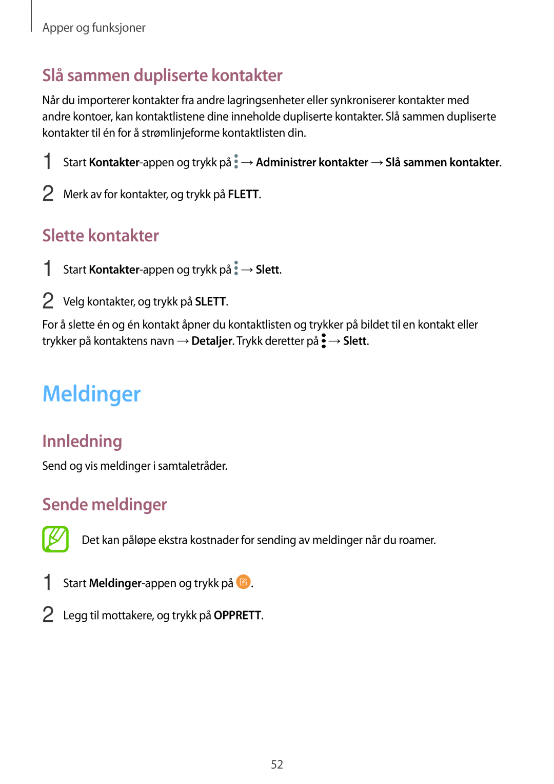 Samsung SM-J510FZKUNEE, SM-J510FZKNNEE manual Meldinger, Slå sammen dupliserte kontakter, Slette kontakter, Sende meldinger 