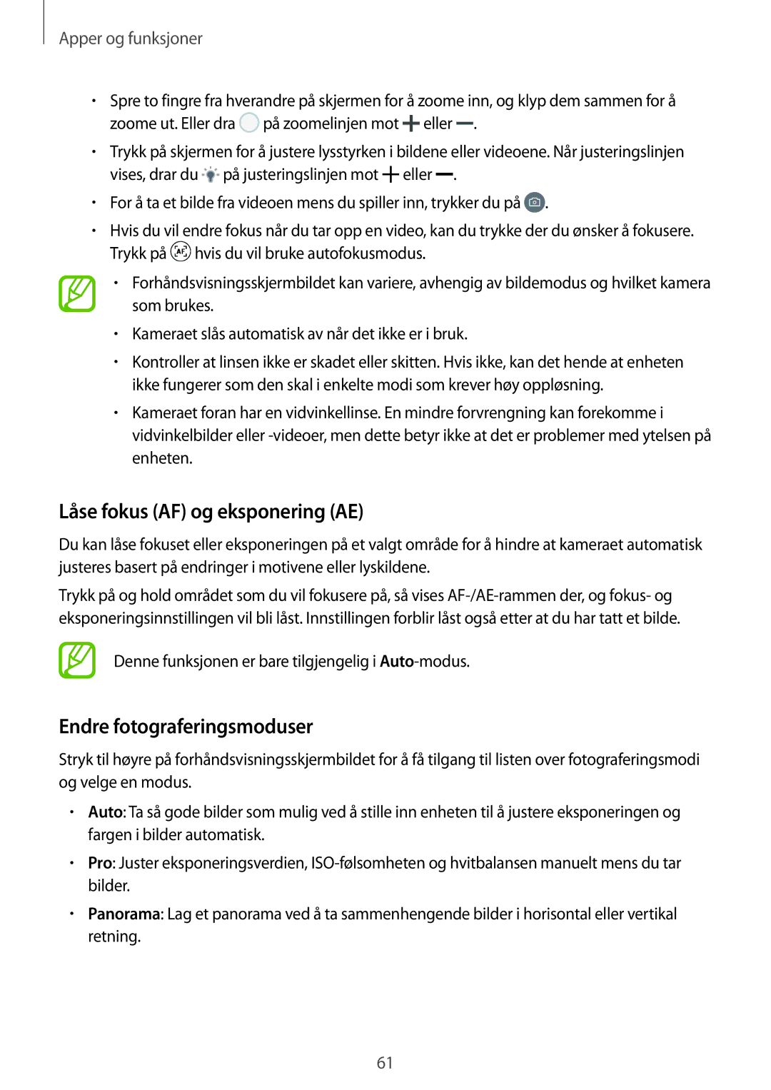 Samsung SM-J510FZKNNEE, SM-J510FZKUNEE, SM-J510FZWNNEE manual Låse fokus AF og eksponering AE, Endre fotograferingsmoduser 