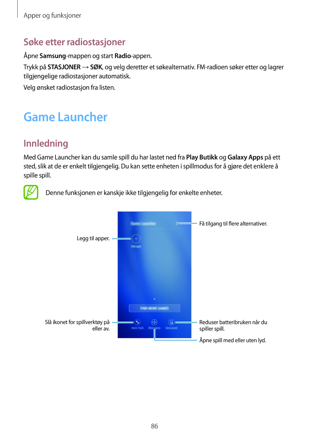 Samsung SM-J510FZWNNEE, SM-J510FZKUNEE, SM-J510FZKNNEE, SM-J510FZDNNEE manual Game Launcher, Søke etter radiostasjoner 