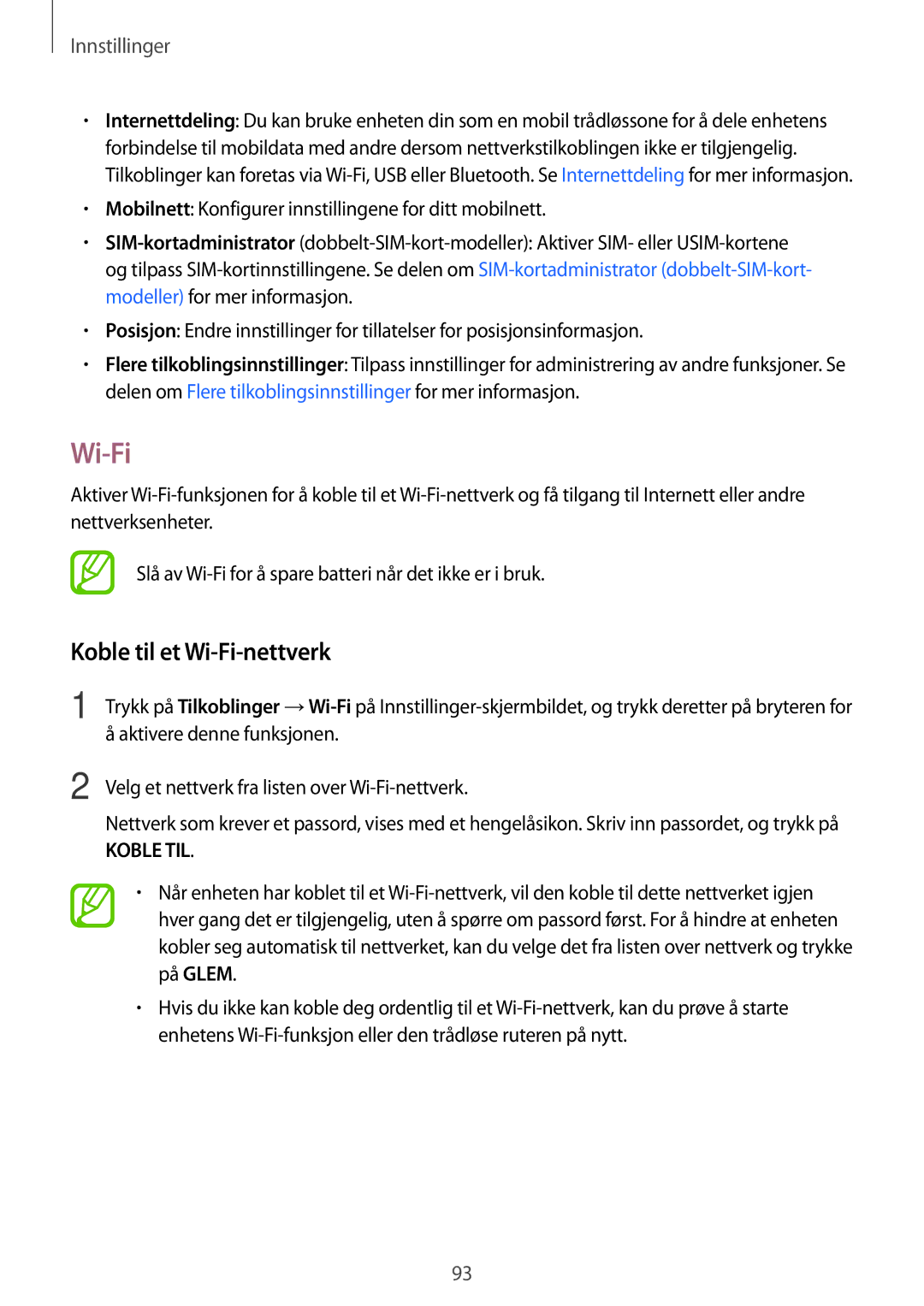 Samsung SM-J510FZKNNEE, SM-J510FZKUNEE, SM-J510FZWNNEE, SM-J510FZDNNEE manual Koble til et Wi-Fi-nettverk 