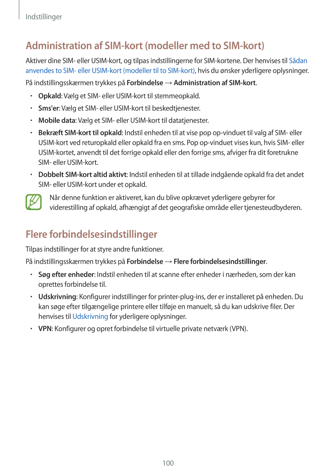 Samsung SM-J510FZKUNEE manual Administration af SIM-kort modeller med to SIM-kort, Flere forbindelsesindstillinger 