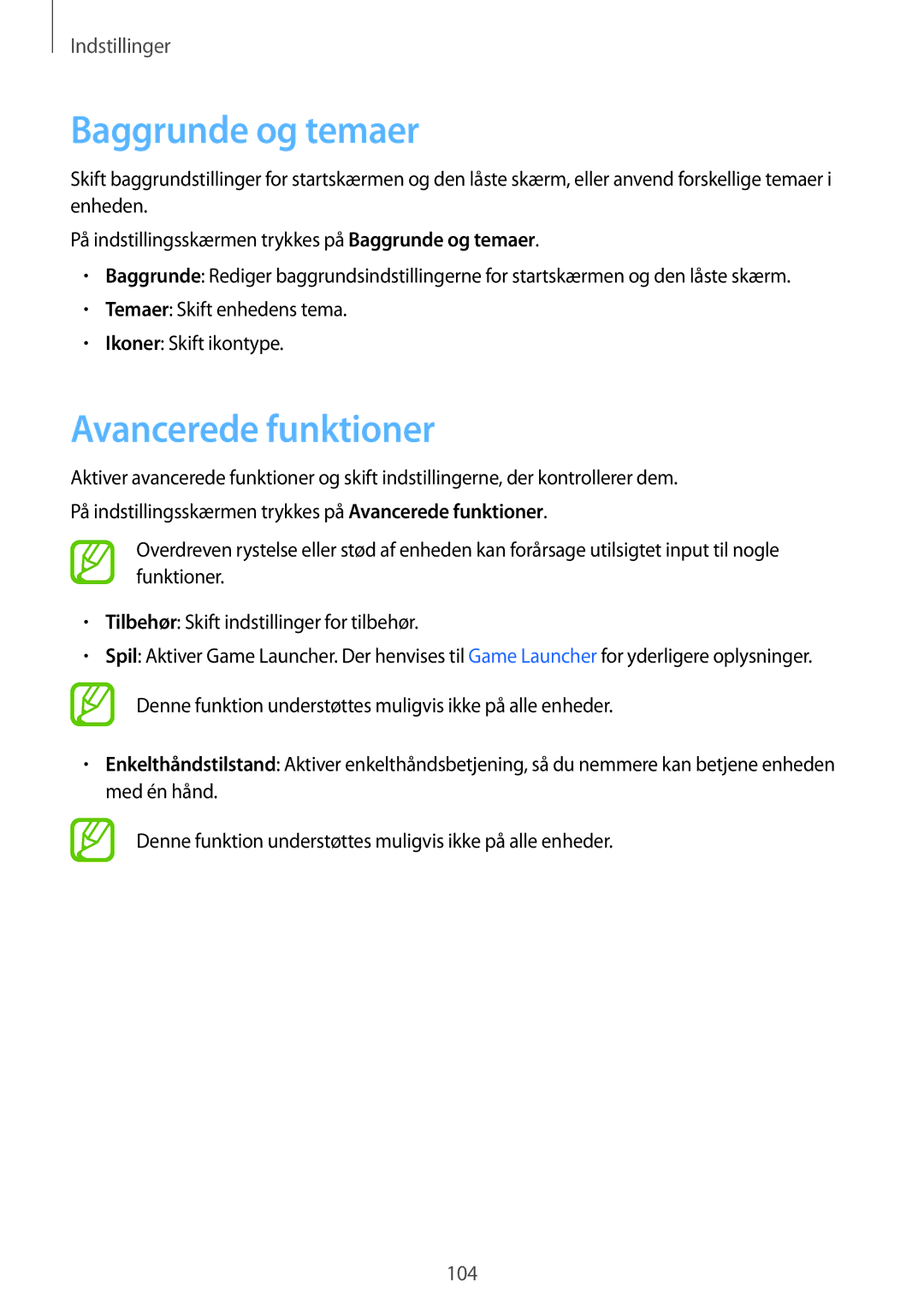 Samsung SM-J510FZKUNEE, SM-J510FZKNNEE, SM-J510FZWNNEE, SM-J510FZDNNEE manual Baggrunde og temaer, Avancerede funktioner 