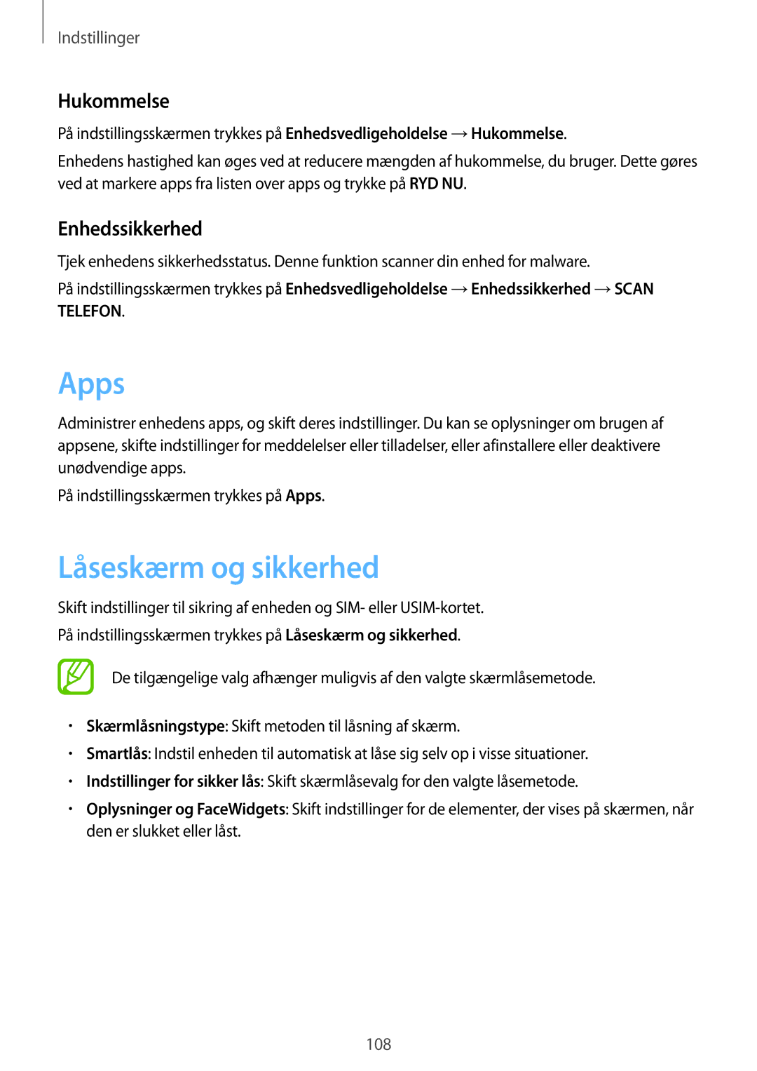 Samsung SM-J510FZKUNEE, SM-J510FZKNNEE, SM-J510FZWNNEE manual Apps, Låseskærm og sikkerhed, Hukommelse, Enhedssikkerhed 