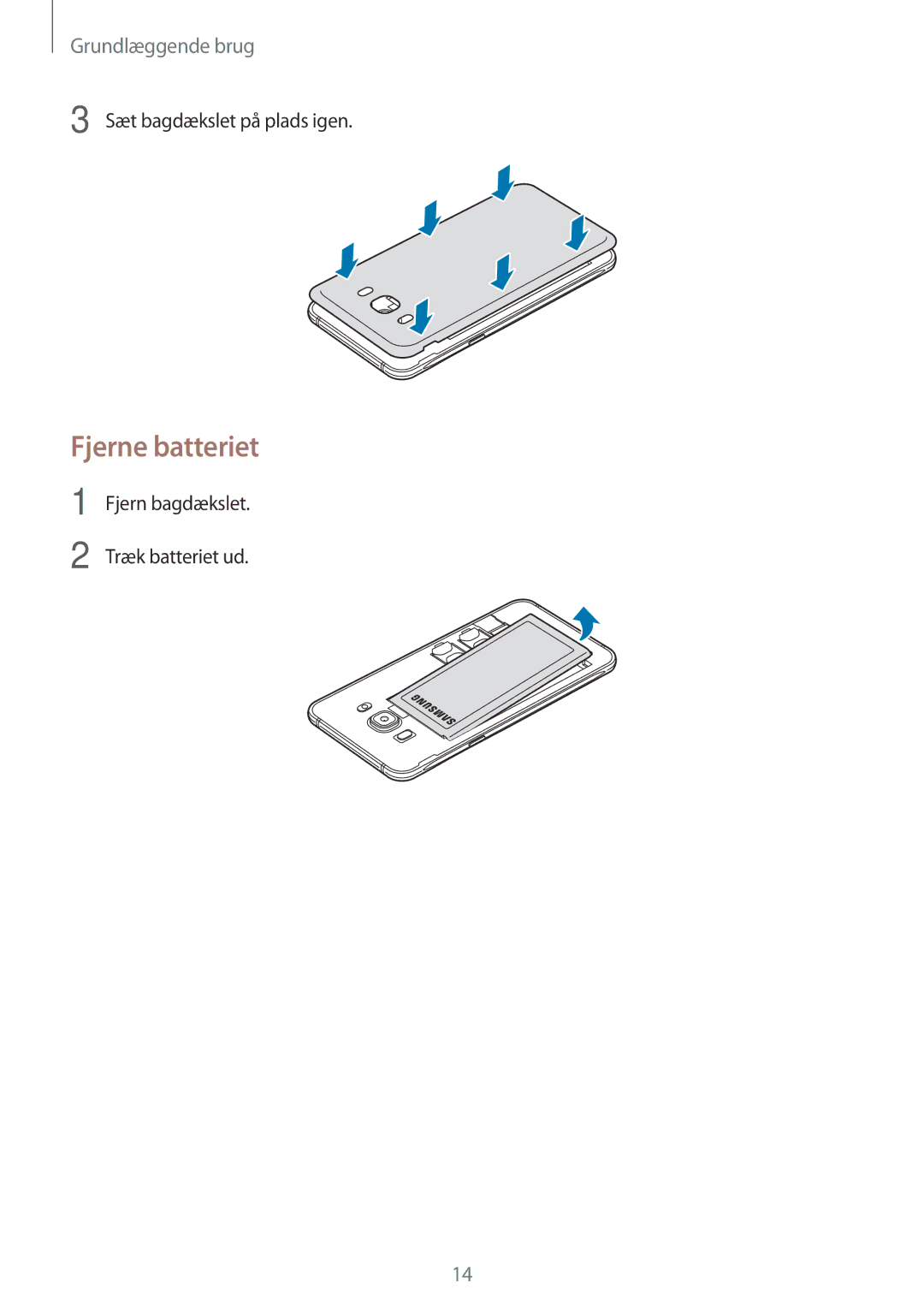 Samsung SM-J510FZWNNEE, SM-J510FZKUNEE Fjerne batteriet, Sæt bagdækslet på plads igen, Fjern bagdækslet Træk batteriet ud 