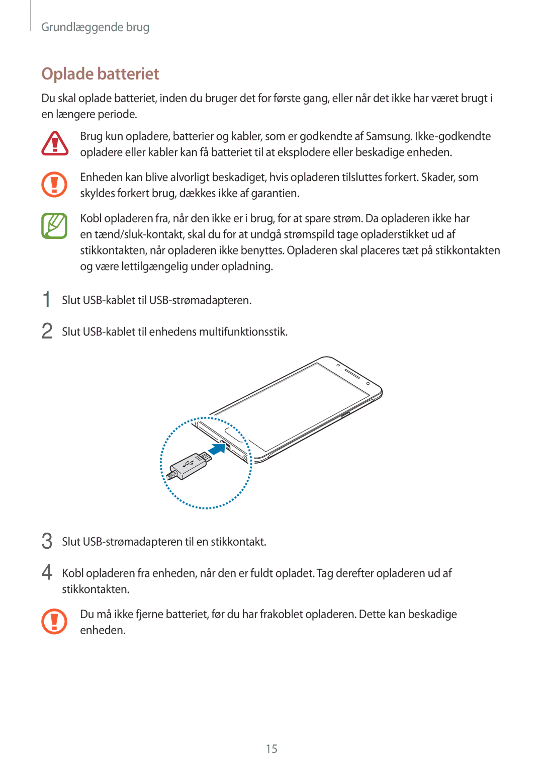 Samsung SM-J510FZDNNEE, SM-J510FZKUNEE, SM-J510FZKNNEE, SM-J510FZWNNEE manual Oplade batteriet 