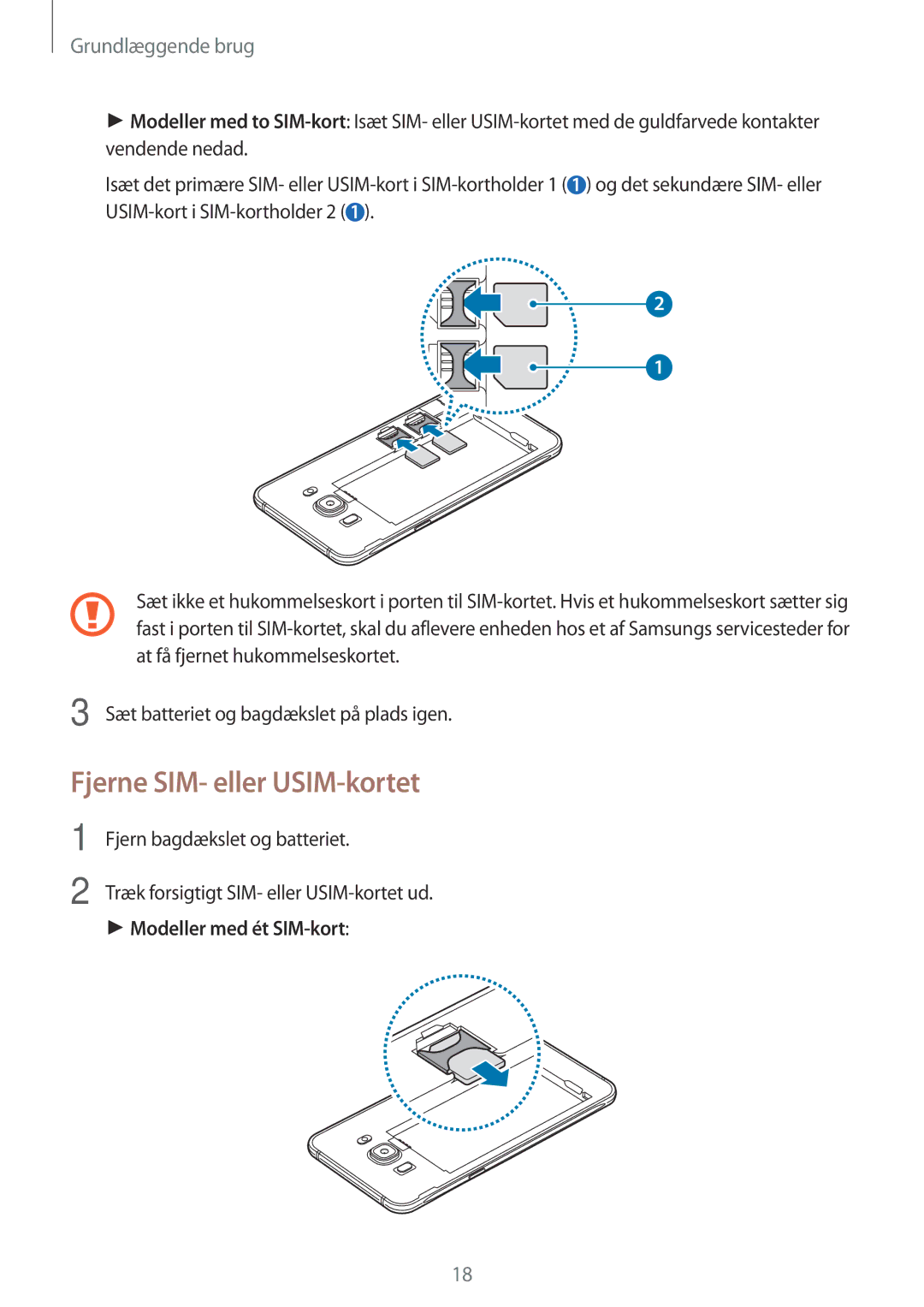 Samsung SM-J510FZWNNEE, SM-J510FZKUNEE, SM-J510FZKNNEE, SM-J510FZDNNEE manual Fjerne SIM- eller USIM-kortet 