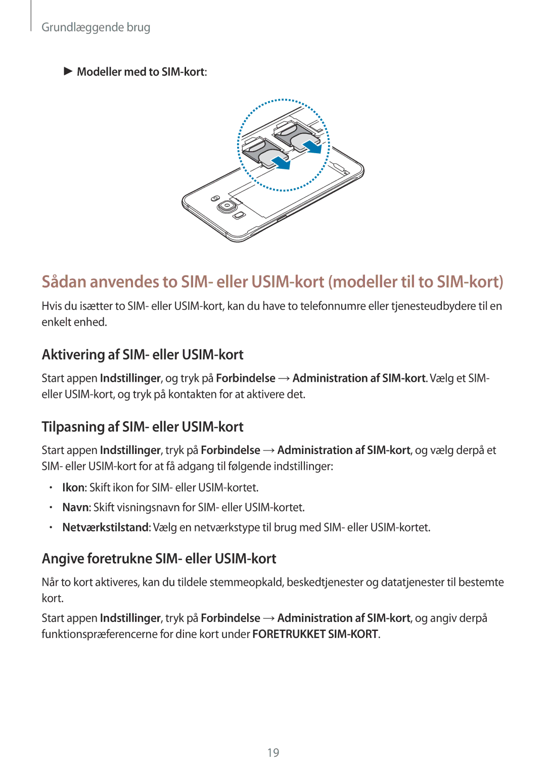 Samsung SM-J510FZDNNEE, SM-J510FZKUNEE manual Aktivering af SIM- eller USIM-kort, Tilpasning af SIM- eller USIM-kort 