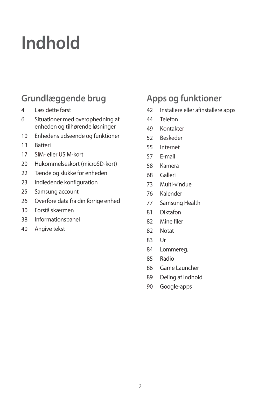 Samsung SM-J510FZWNNEE, SM-J510FZKUNEE, SM-J510FZKNNEE, SM-J510FZDNNEE manual Indhold, Læs dette først 