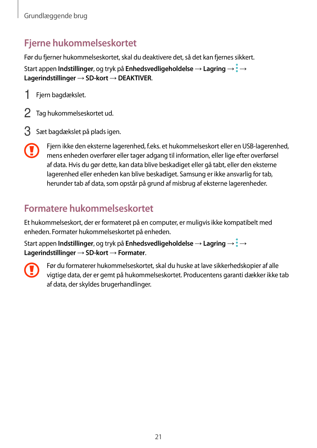 Samsung SM-J510FZKNNEE, SM-J510FZKUNEE, SM-J510FZWNNEE, SM-J510FZDNNEE Fjerne hukommelseskortet, Formatere hukommelseskortet 