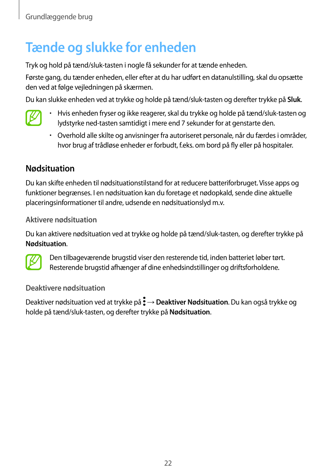 Samsung SM-J510FZWNNEE, SM-J510FZKUNEE, SM-J510FZKNNEE, SM-J510FZDNNEE manual Tænde og slukke for enheden, Nødsituation 