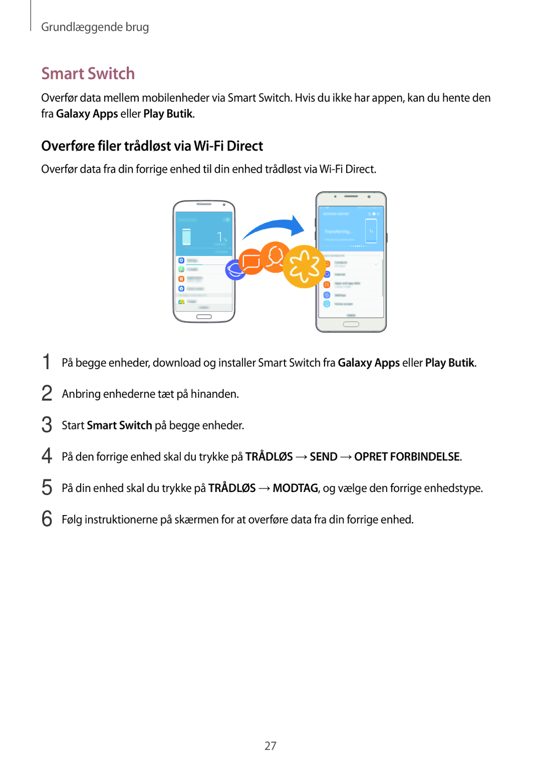 Samsung SM-J510FZDNNEE, SM-J510FZKUNEE, SM-J510FZKNNEE manual Smart Switch, Overføre filer trådløst via Wi-Fi Direct 