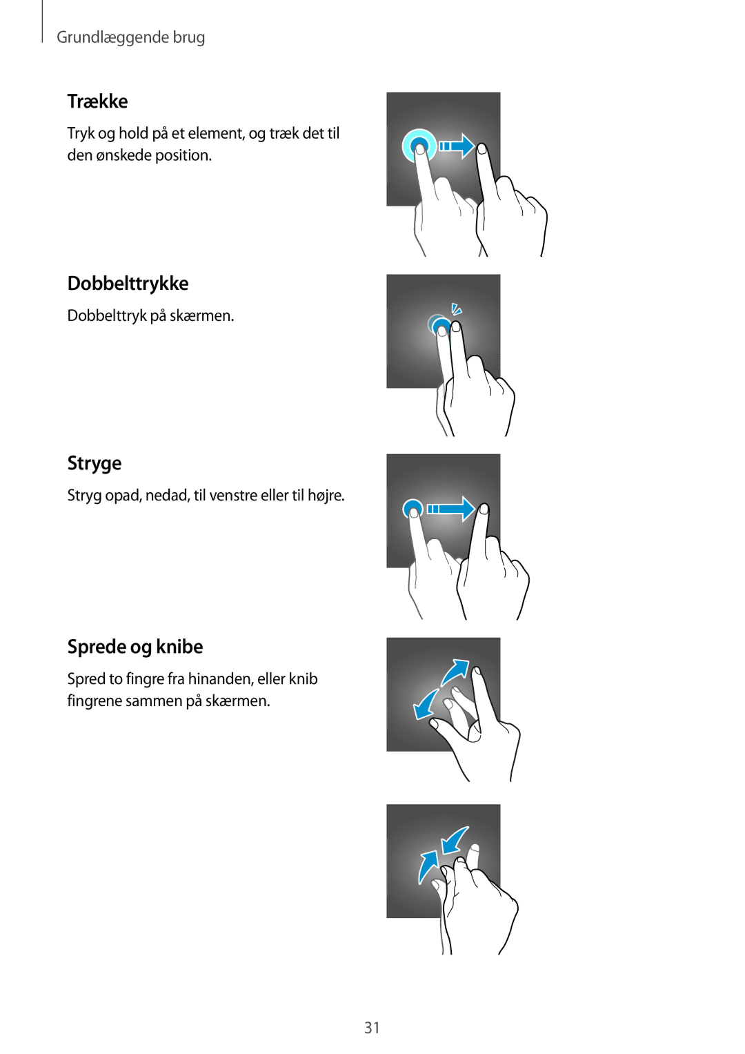 Samsung SM-J510FZDNNEE, SM-J510FZKUNEE, SM-J510FZKNNEE, SM-J510FZWNNEE manual Trække, Dobbelttrykke, Stryge, Sprede og knibe 