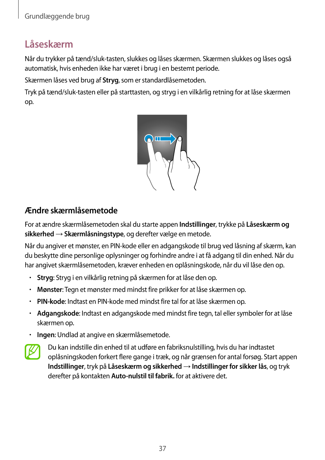 Samsung SM-J510FZKNNEE, SM-J510FZKUNEE, SM-J510FZWNNEE, SM-J510FZDNNEE manual Låseskærm, Ændre skærmlåsemetode 