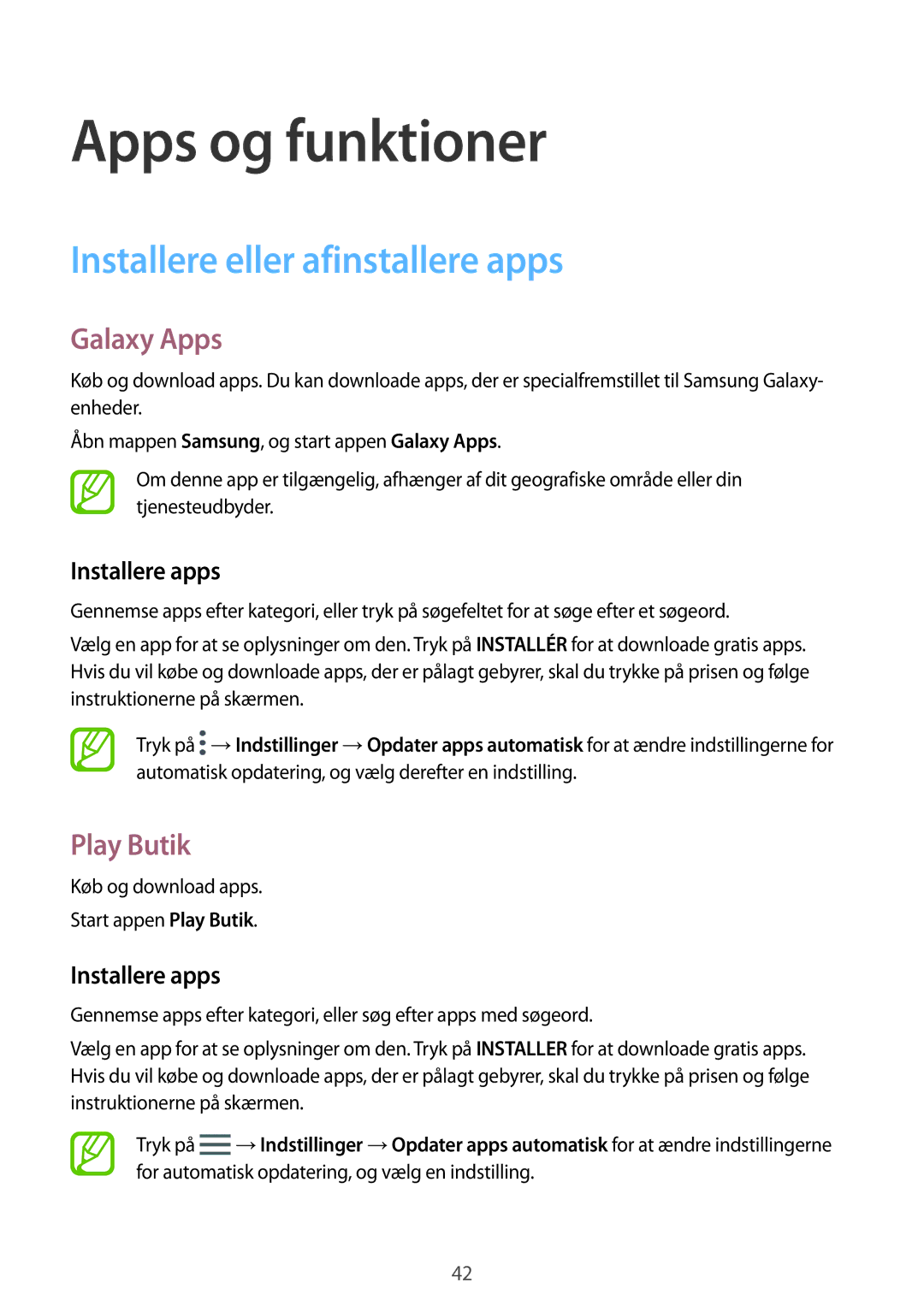 Samsung SM-J510FZWNNEE, SM-J510FZKUNEE manual Installere eller afinstallere apps, Galaxy Apps, Play Butik, Installere apps 