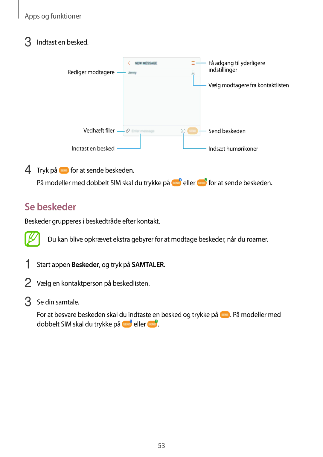 Samsung SM-J510FZKNNEE, SM-J510FZKUNEE, SM-J510FZWNNEE, SM-J510FZDNNEE manual Se beskeder 