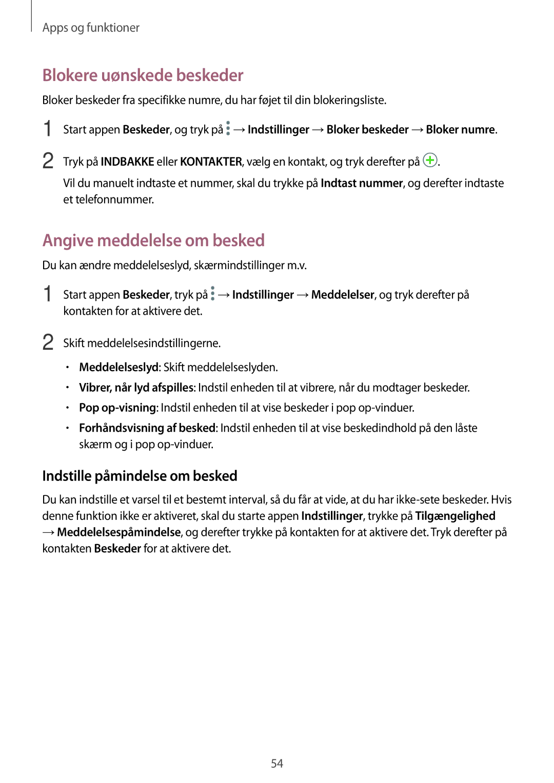 Samsung SM-J510FZWNNEE manual Blokere uønskede beskeder, Angive meddelelse om besked, Indstille påmindelse om besked 