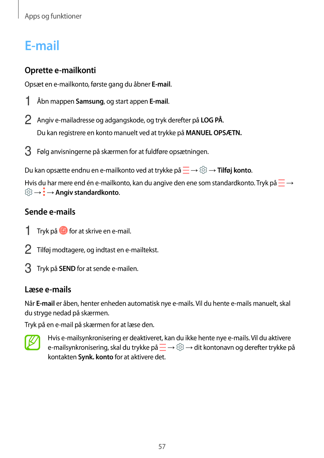 Samsung SM-J510FZKNNEE, SM-J510FZKUNEE, SM-J510FZWNNEE manual Mail, Oprette e-mailkonti, Sende e-mails, Læse e-mails 