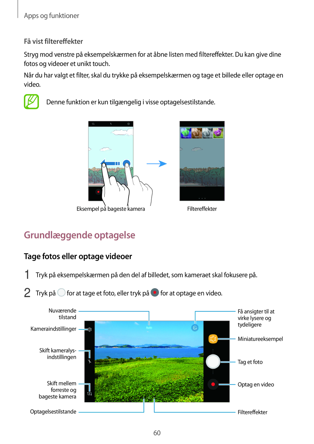 Samsung SM-J510FZKUNEE, SM-J510FZKNNEE, SM-J510FZWNNEE manual Grundlæggende optagelse, Tage fotos eller optage videoer 