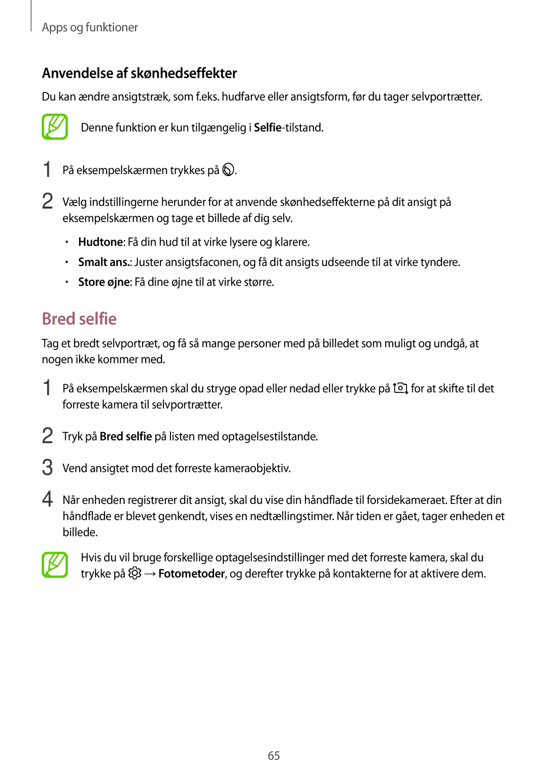 Samsung SM-J510FZKNNEE, SM-J510FZKUNEE, SM-J510FZWNNEE, SM-J510FZDNNEE manual Bred selfie, Anvendelse af skønhedseffekter 