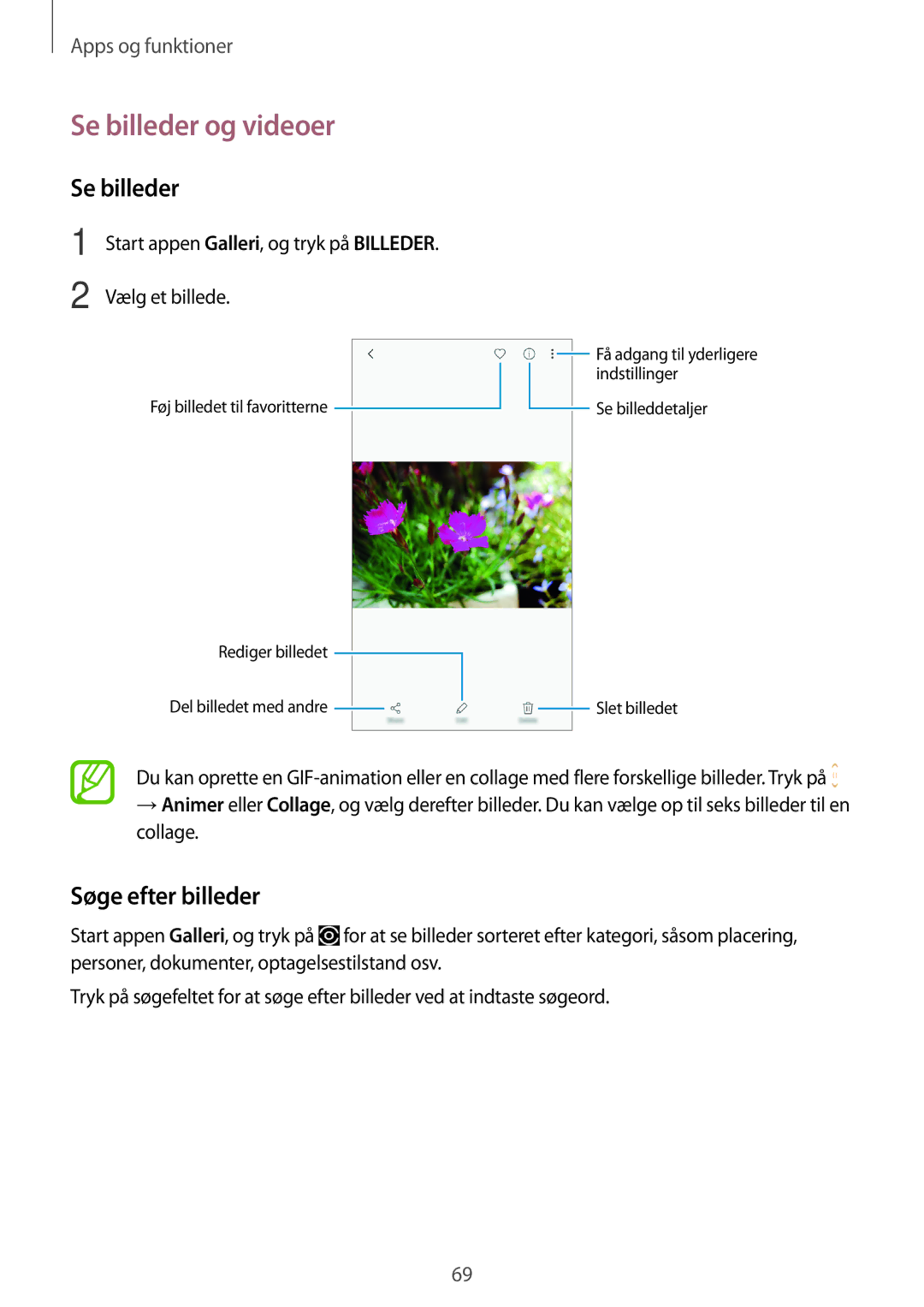 Samsung SM-J510FZKNNEE, SM-J510FZKUNEE, SM-J510FZWNNEE manual Se billeder og videoer, Søge efter billeder, Vælg et billede 