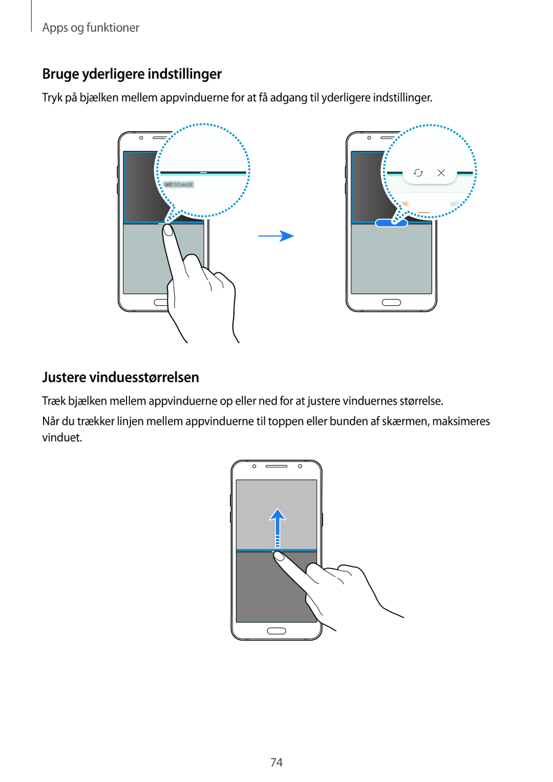 Samsung SM-J510FZWNNEE, SM-J510FZKUNEE, SM-J510FZKNNEE manual Bruge yderligere indstillinger, Justere vinduesstørrelsen 