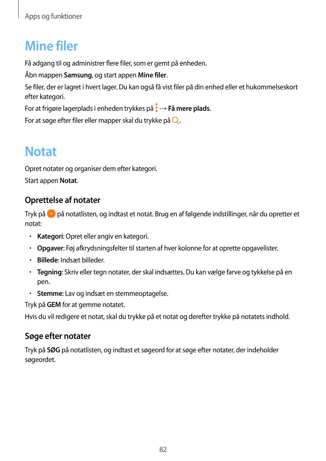 Samsung SM-J510FZWNNEE, SM-J510FZKUNEE, SM-J510FZKNNEE manual Mine filer, Notat, Oprettelse af notater, Søge efter notater 