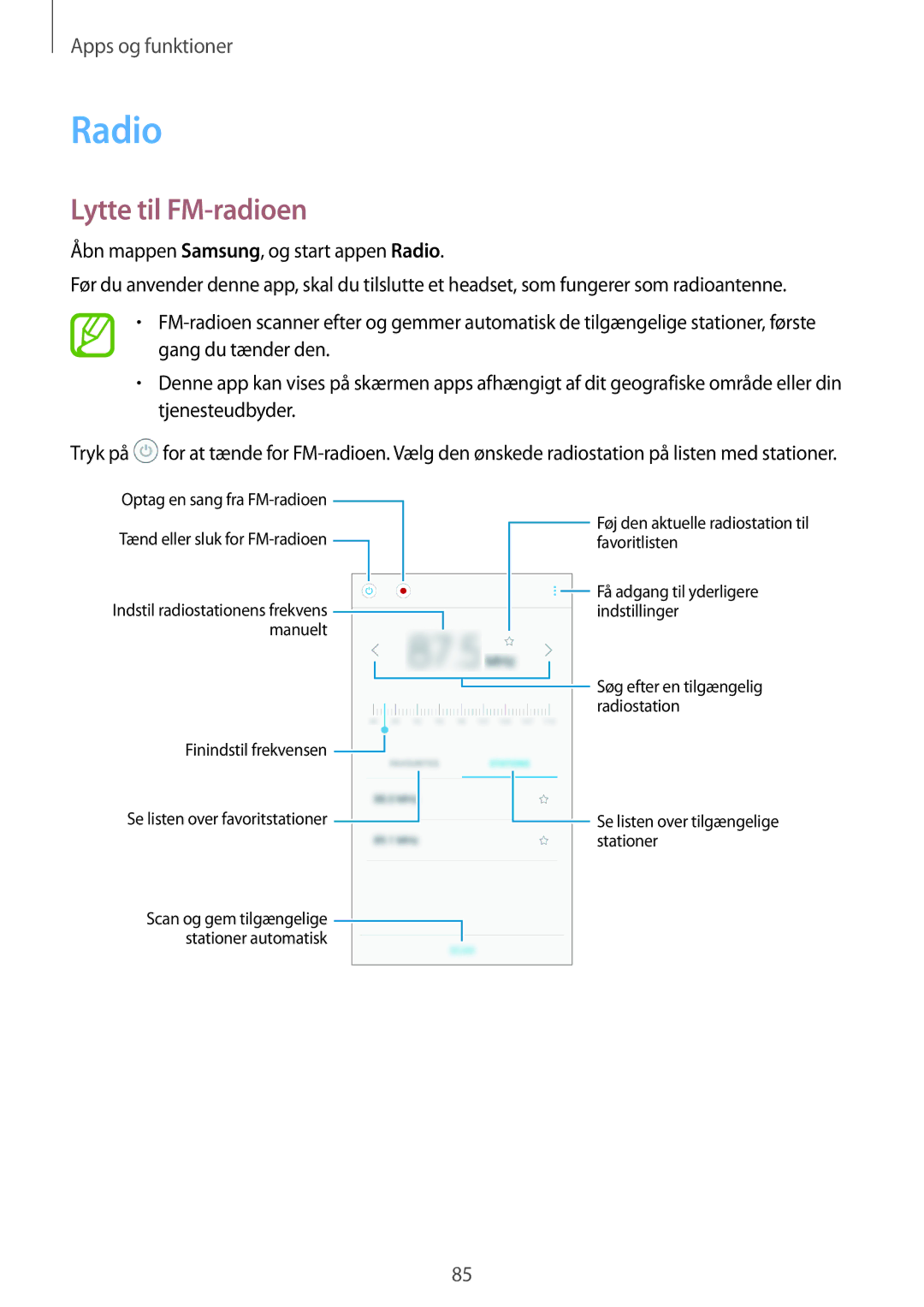 Samsung SM-J510FZKNNEE, SM-J510FZKUNEE, SM-J510FZWNNEE, SM-J510FZDNNEE manual Radio, Lytte til FM-radioen 