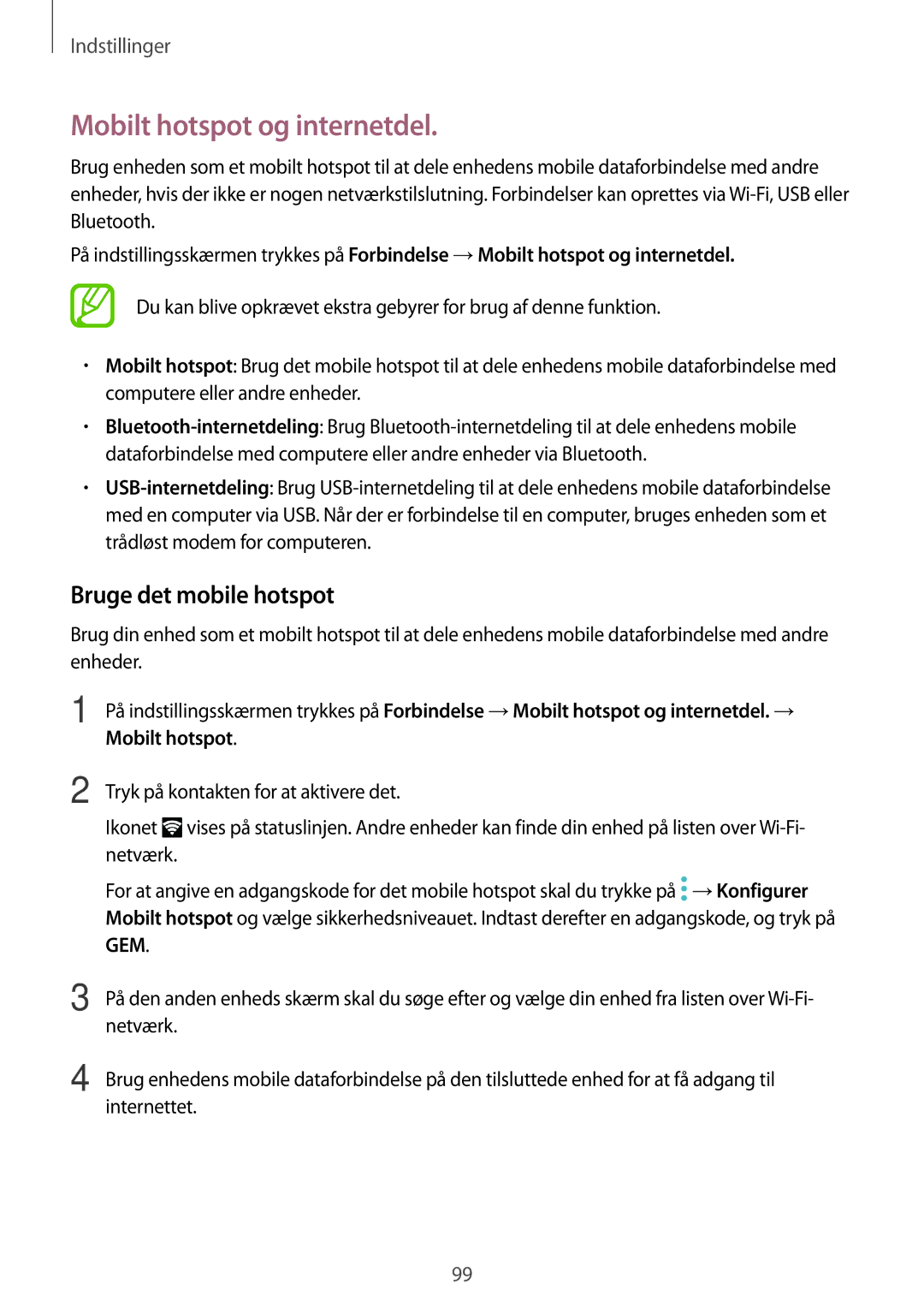 Samsung SM-J510FZDNNEE, SM-J510FZKUNEE, SM-J510FZKNNEE manual Mobilt hotspot og internetdel, Bruge det mobile hotspot 