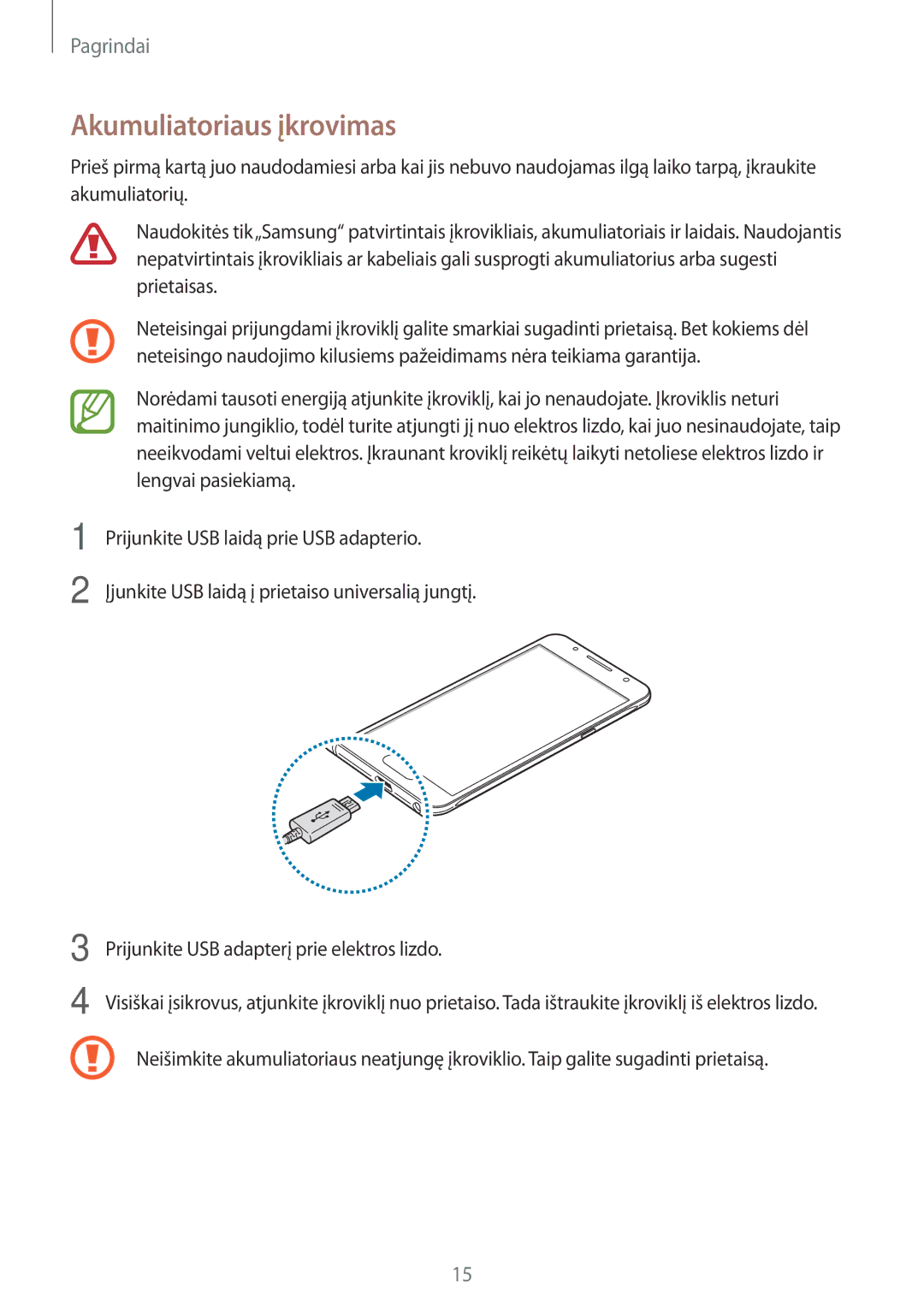 Samsung SM-J710FZDNSEB, SM-J510FZKUSEB, SM-J710FZKNSEB, SM-J510FZDUSEB manual Akumuliatoriaus įkrovimas 