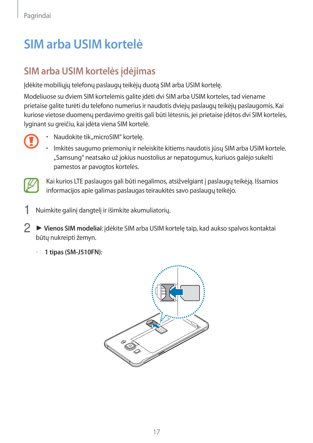 Samsung SM-J710FZKNSEB, SM-J510FZKUSEB, SM-J510FZDUSEB, SM-J710FZDNSEB manual SIM arba Usim kortelės įdėjimas 