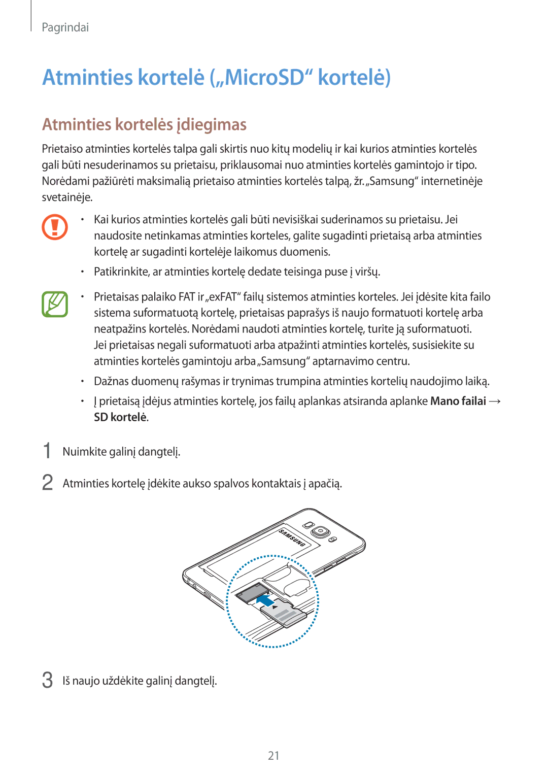 Samsung SM-J710FZKNSEB, SM-J510FZKUSEB, SM-J510FZDUSEB Atminties kortelė „MicroSD kortelė, Atminties kortelės įdiegimas 