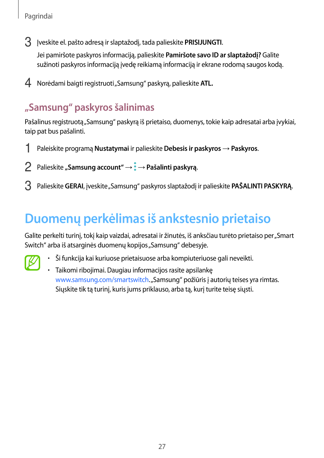 Samsung SM-J710FZDNSEB, SM-J510FZKUSEB manual Duomenų perkėlimas iš ankstesnio prietaiso, „Samsung paskyros šalinimas 